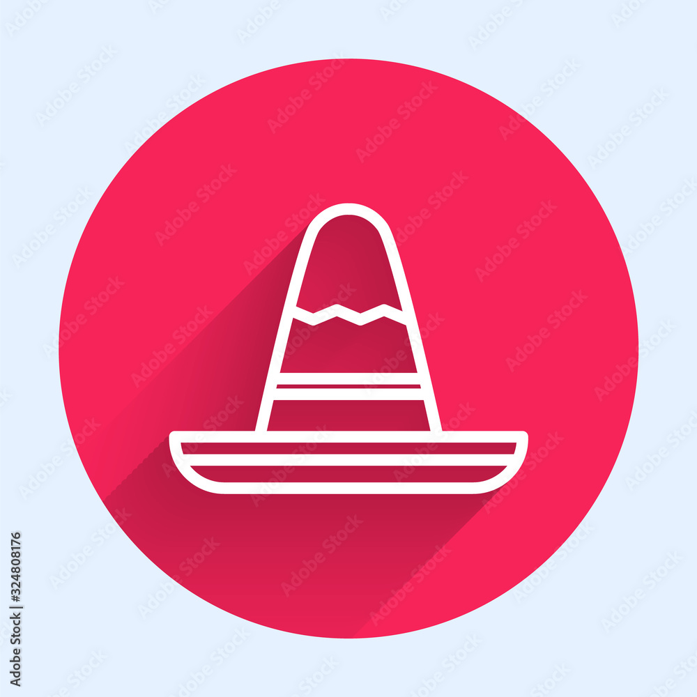 White line Traditional mexican sombrero hat icon isolated with long shadow. Red circle button. Vecto