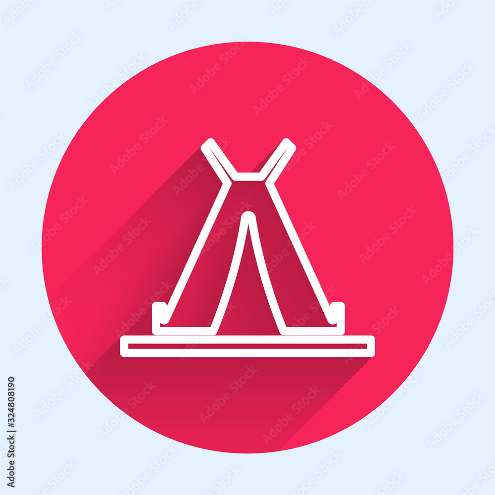 White line Traditional indian teepee or wigwam icon isolated with long shadow. Indian tent. Red circ