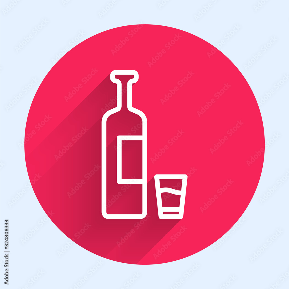 White line Whiskey bottle and glass icon isolated with long shadow. Red circle button. Vector Illust