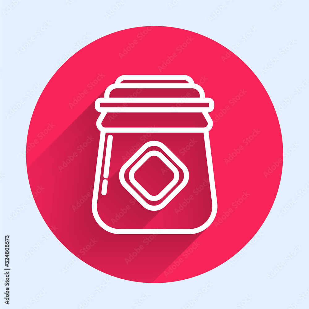 White line Jar of honey icon isolated with long shadow. Food bank. Sweet natural food symbol. Red ci