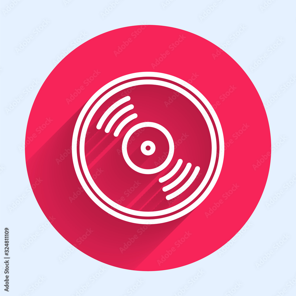 White line Vinyl disk icon isolated with long shadow. Red circle button. Vector Illustration