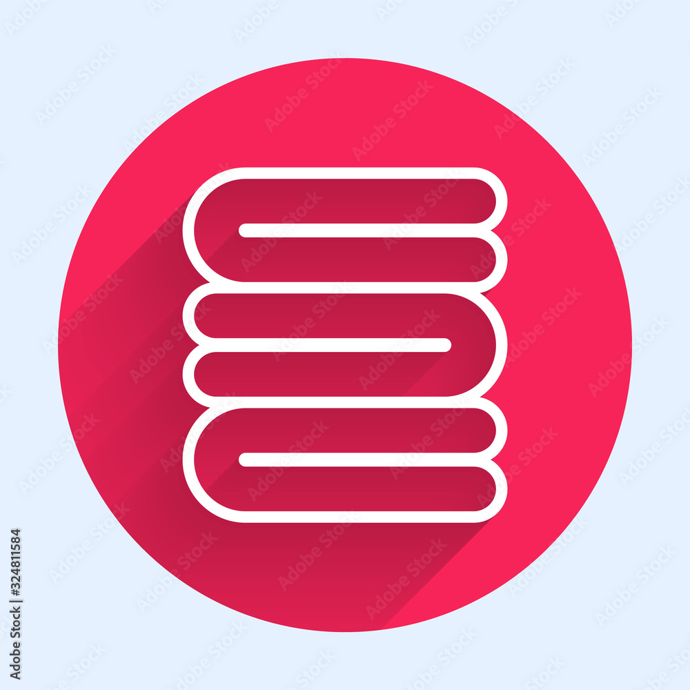 White line Towel stack icon isolated with long shadow. Red circle button. Vector Illustration