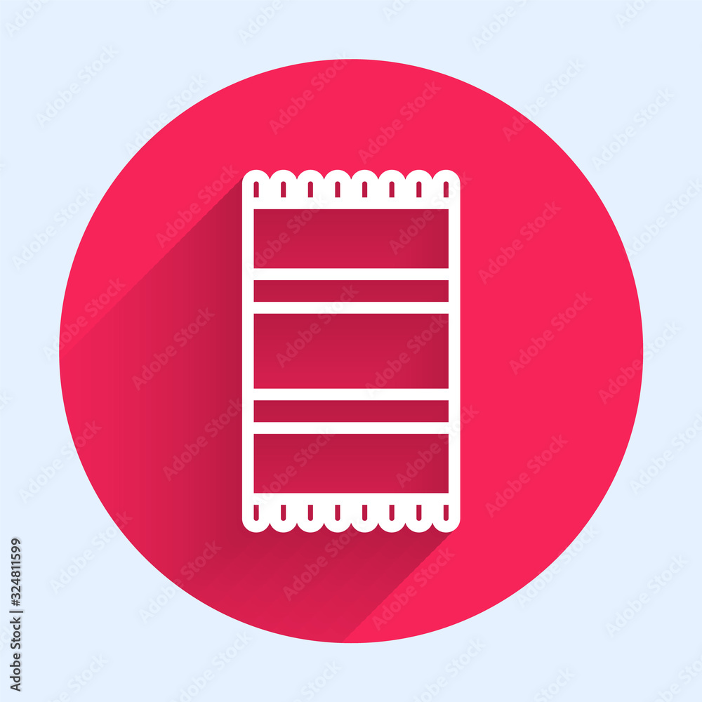 White line Beach towel icon isolated with long shadow. Red circle button. Vector Illustration