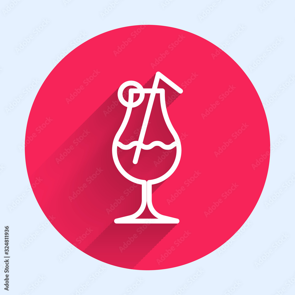 White line Cocktail and alcohol drink icon isolated with long shadow. Red circle button. Vector Illu