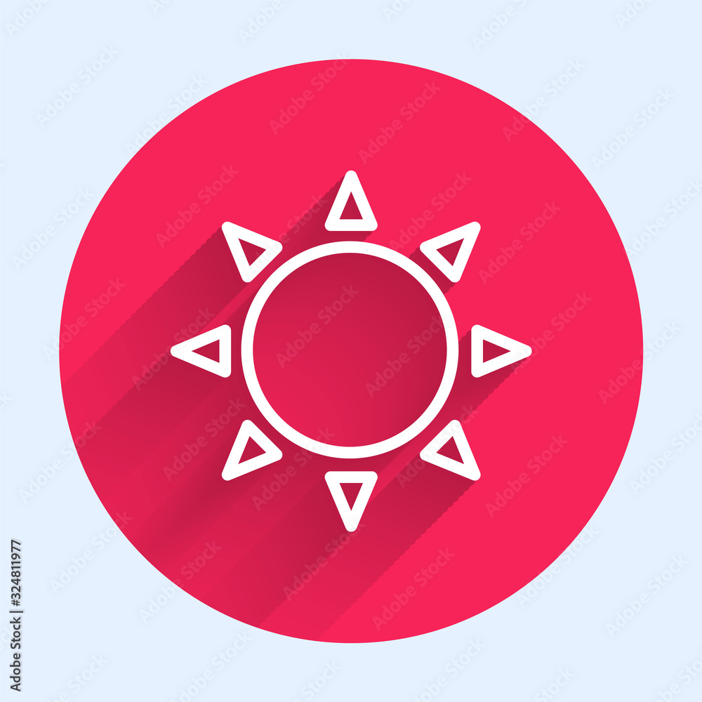 White line Sun icon isolated with long shadow. Summer symbol. Good sunny day. Red circle button. Vec