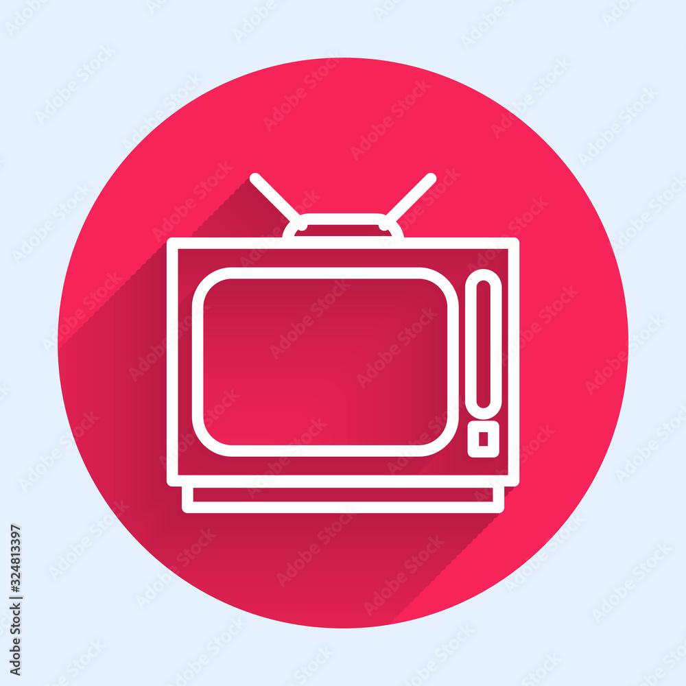 White line Retro tv icon isolated with long shadow. Television sign. Red circle button. Vector Illus