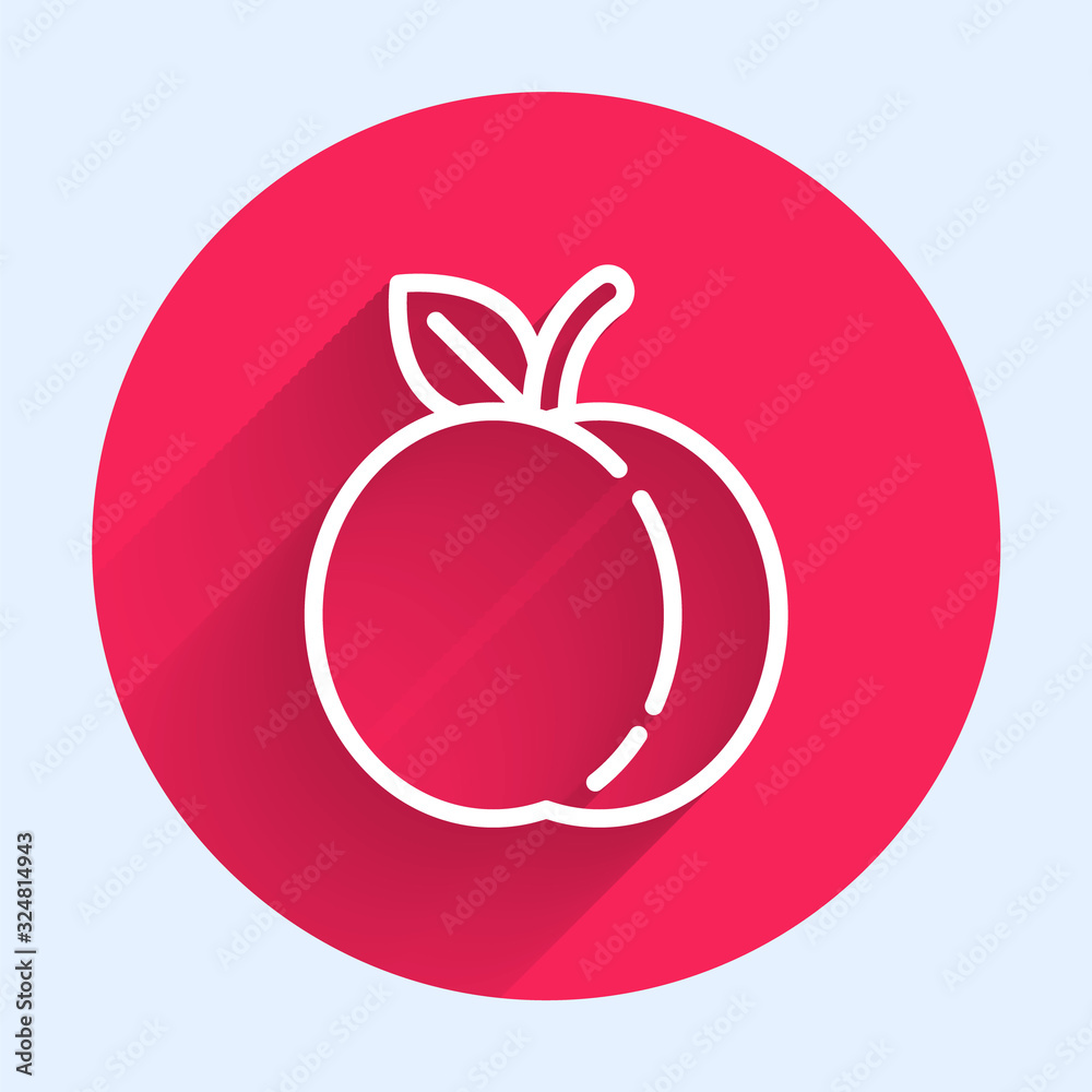 White line Peach fruit or nectarine with leaf icon isolated with long shadow. Red circle button. Vec