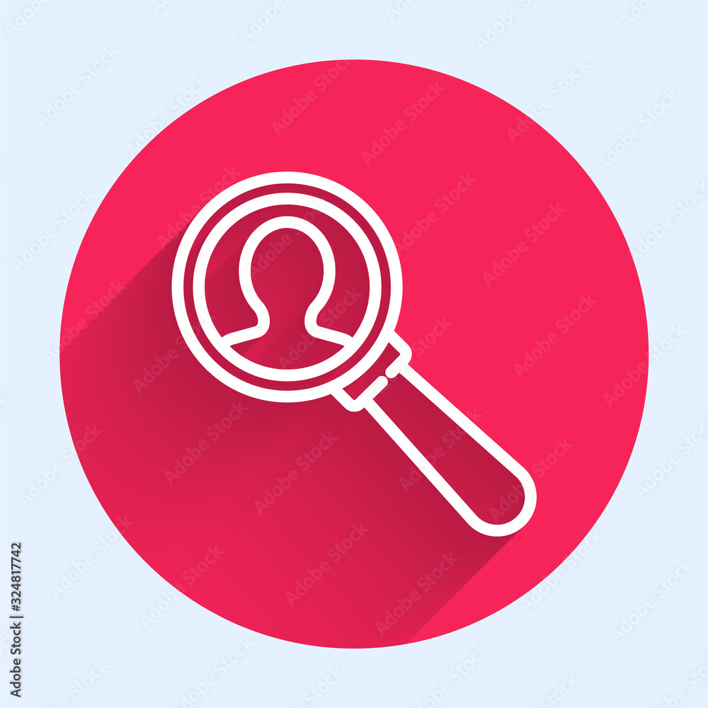 White line Magnifying glass for search a people icon isolated with long shadow. Recruitment or selec