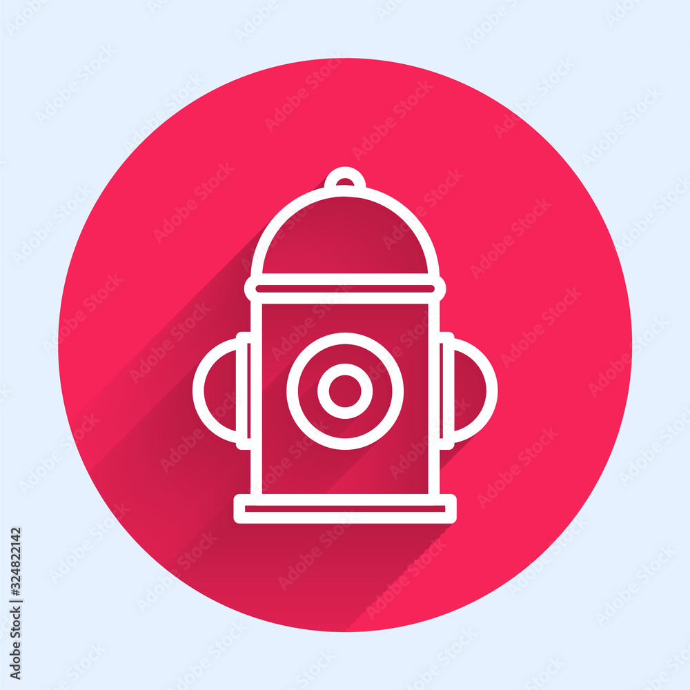 White line Fire hydrant icon isolated with long shadow. Red circle button. Vector Illustration