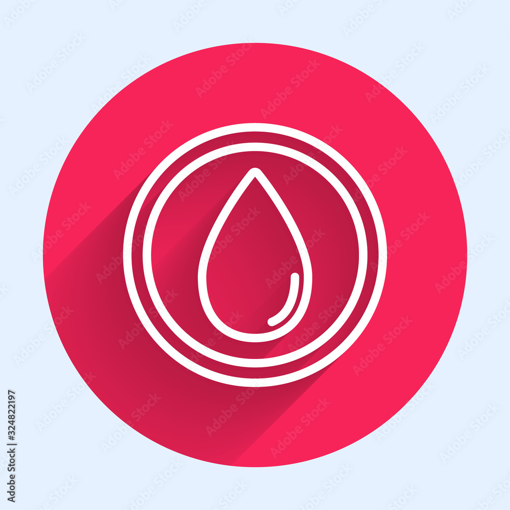 White line Water drop icon isolated with long shadow. Red circle button. Vector Illustration