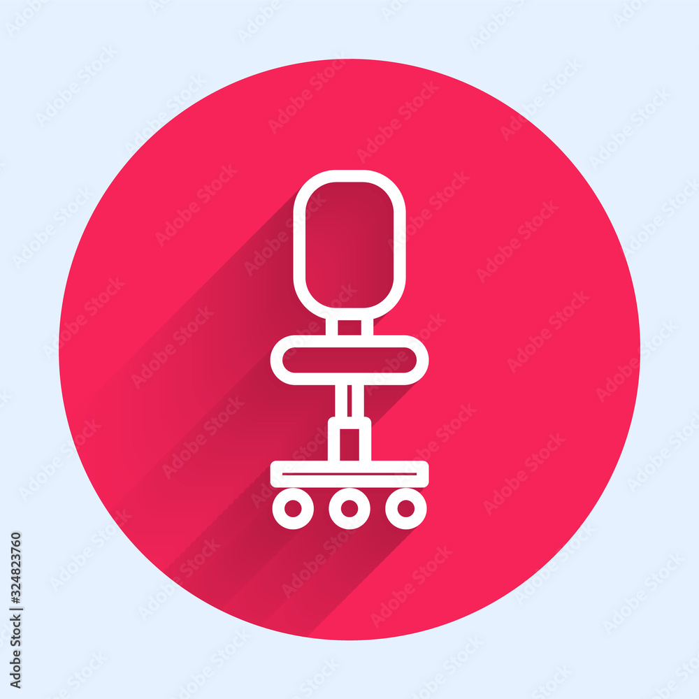 White line Office chair icon isolated with long shadow. Red circle button. Vector Illustration