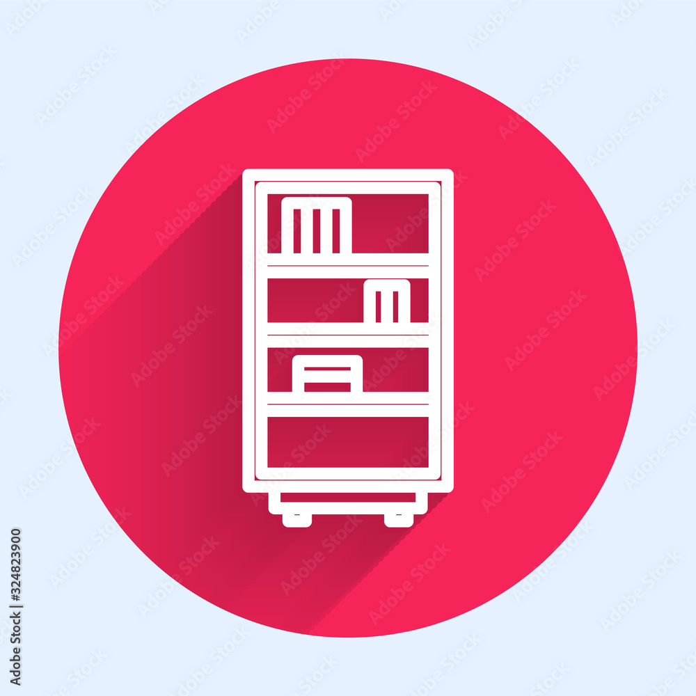 White line Library bookshelf icon isolated with long shadow. Red circle button. Vector Illustration