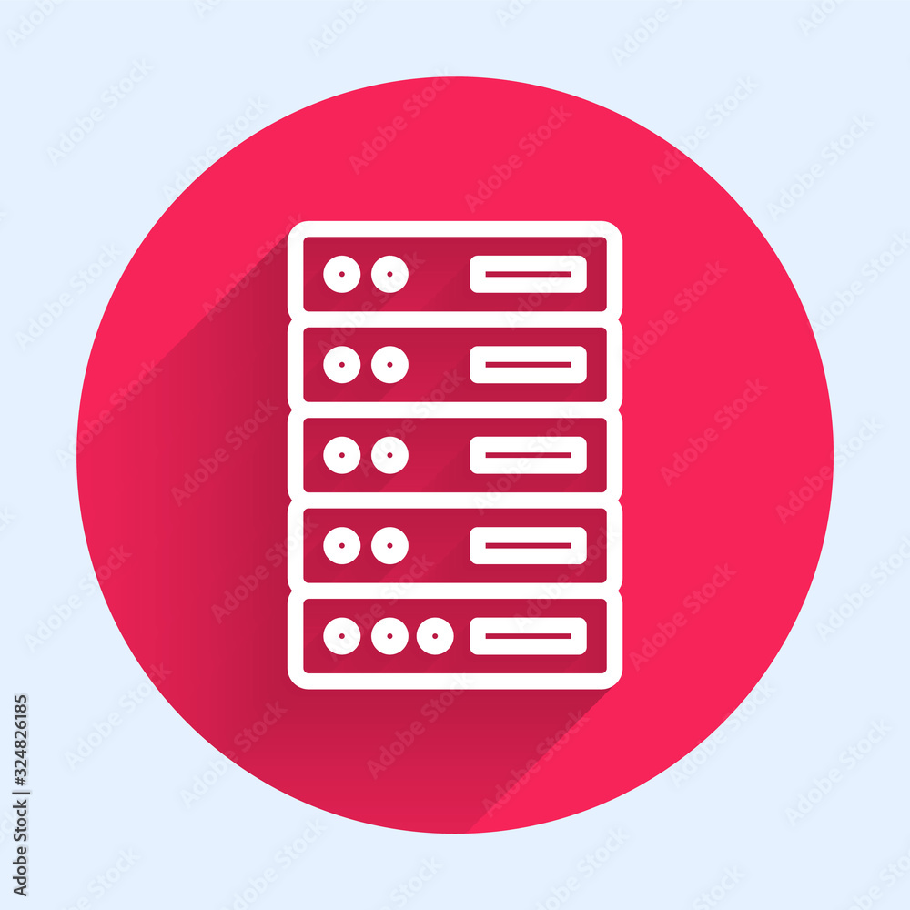 白线服务器、数据、Web主机图标用长阴影隔离。红圈按钮。矢量照明