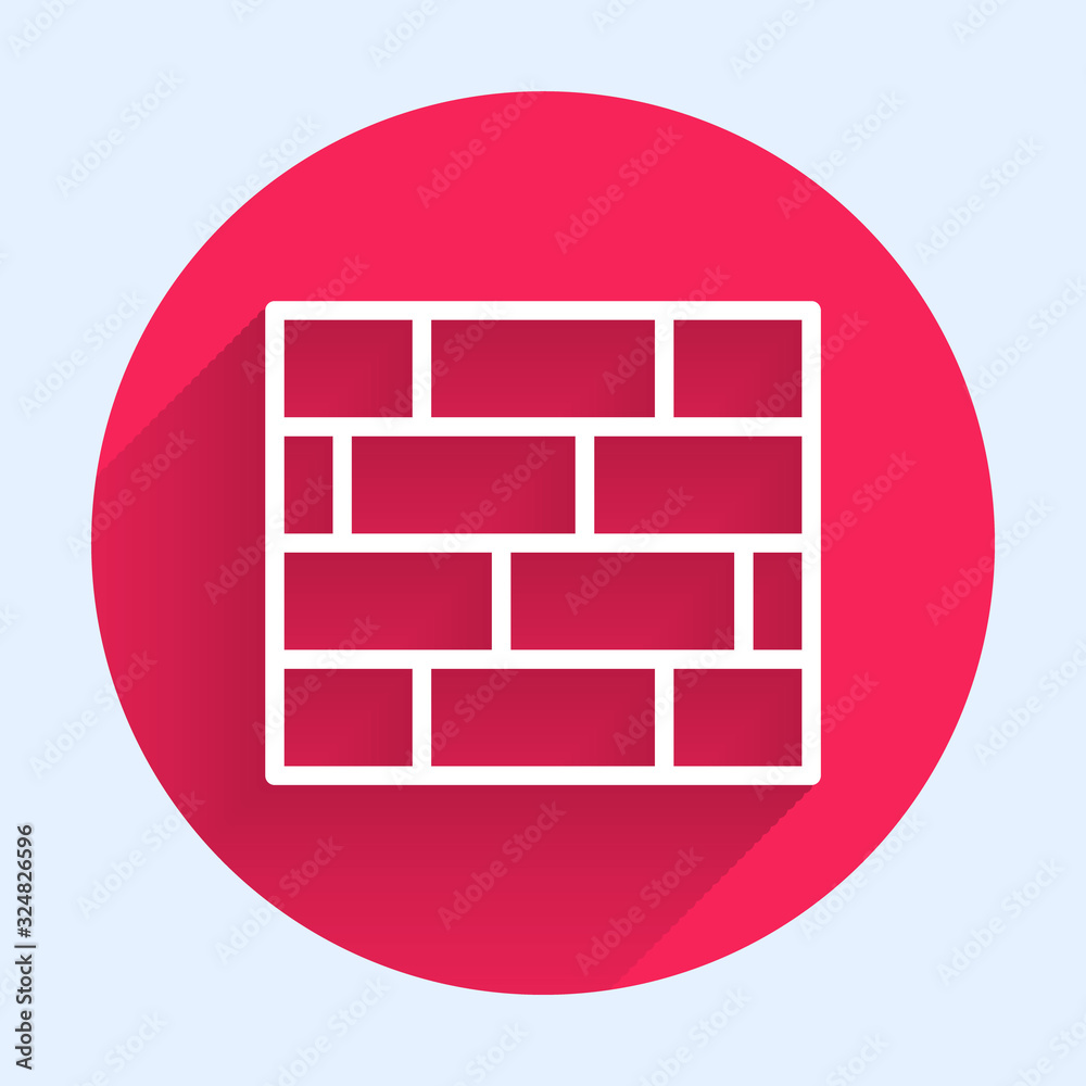 White line Bricks icon isolated with long shadow. Red circle button. Vector Illustration