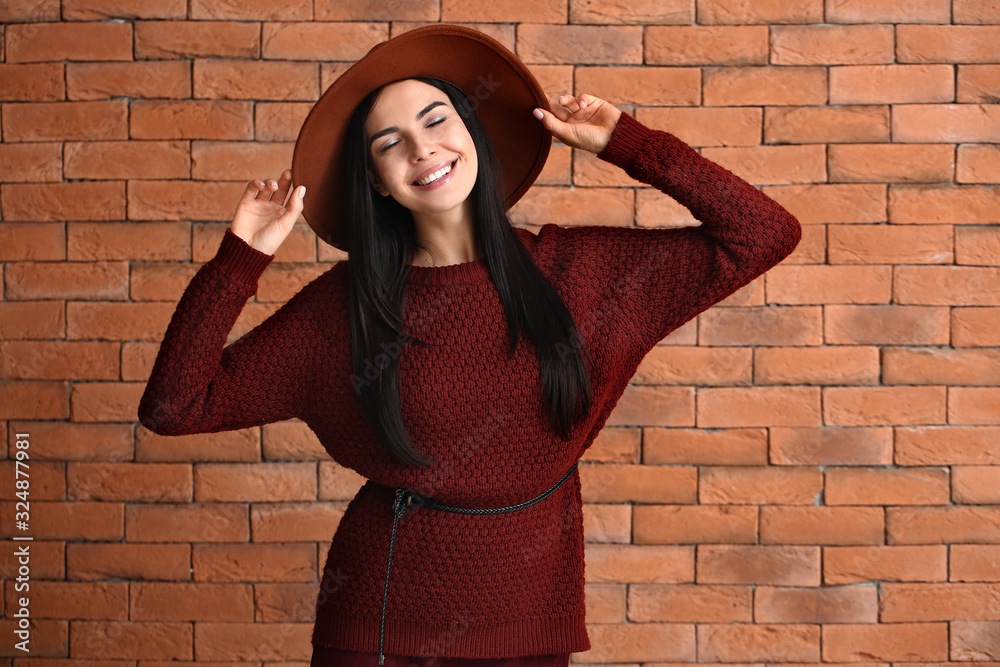 Beautiful young woman in warm sweater on brick background