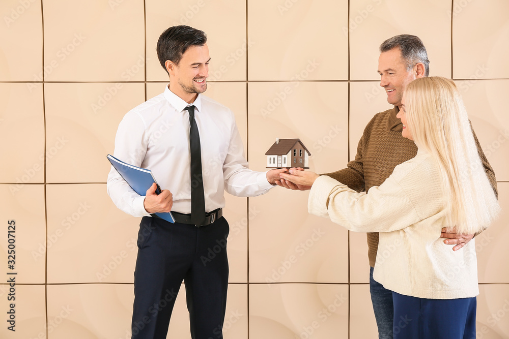 Male real estate agent working with mature couple indoors