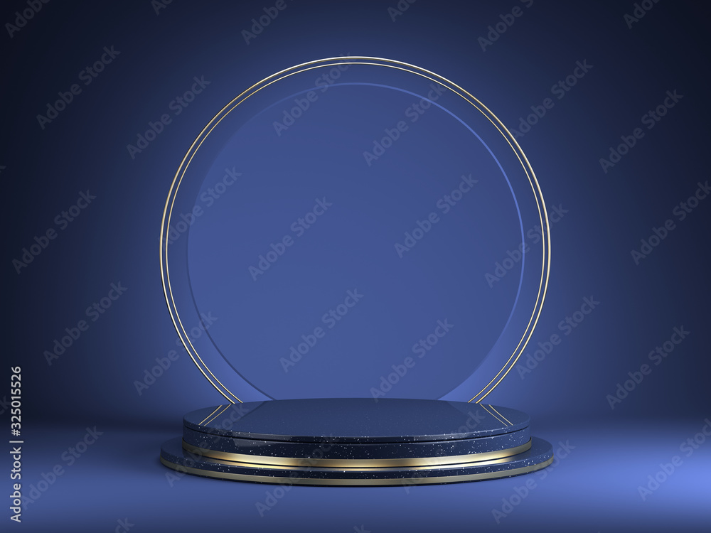 Pedestal with round gold frame on black background, Blank Pedestal minimal concept template - 3d ren