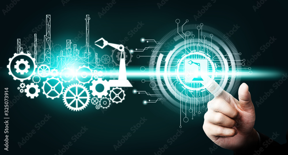 Futuristic industry 4.0 concept - Engineering with graphic interface showing automation design, robo