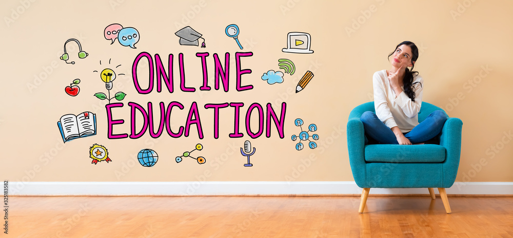 Online education with woman in a thoughtful pose in a chair