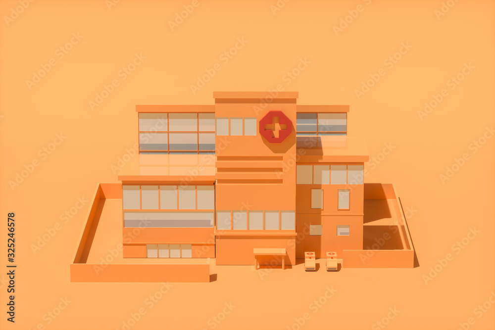 Hospital model with orange background,abstract conception,3d rendering.