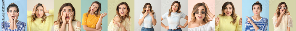 Collage of photos with surprised young woman