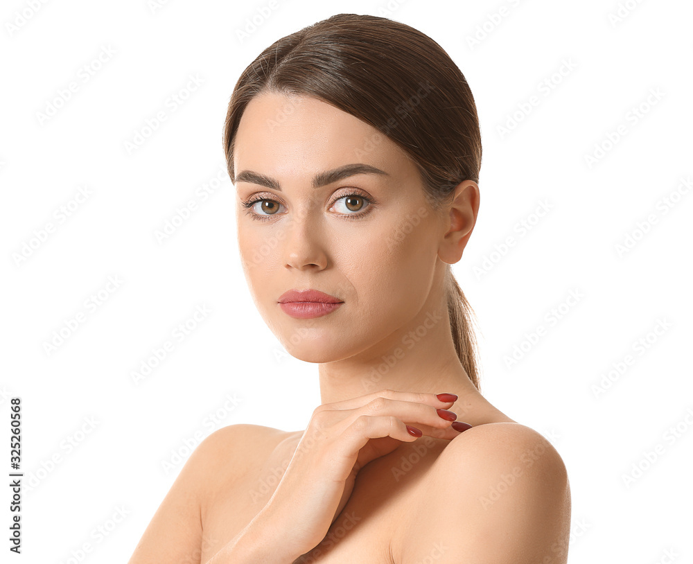 Beautiful young woman on white background. Plastic surgery concept