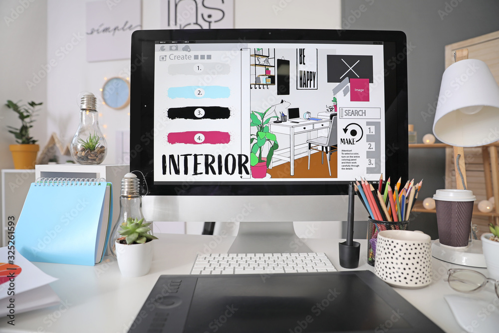 Comfortable workplace of interior designer in office