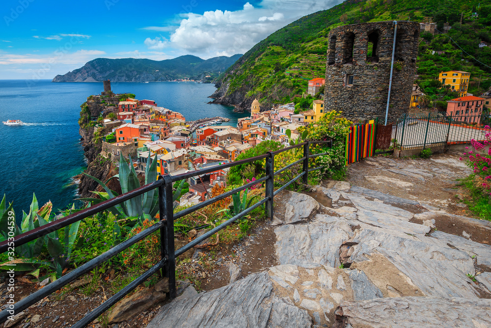 Vernazza village and walkway with old bastion Cinque Terre, Italy