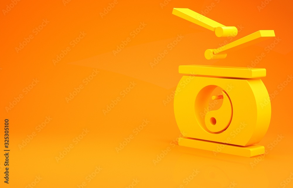 Yellow Chinese drum icon isolated on orange background. Traditional asian percussion instrument Taik