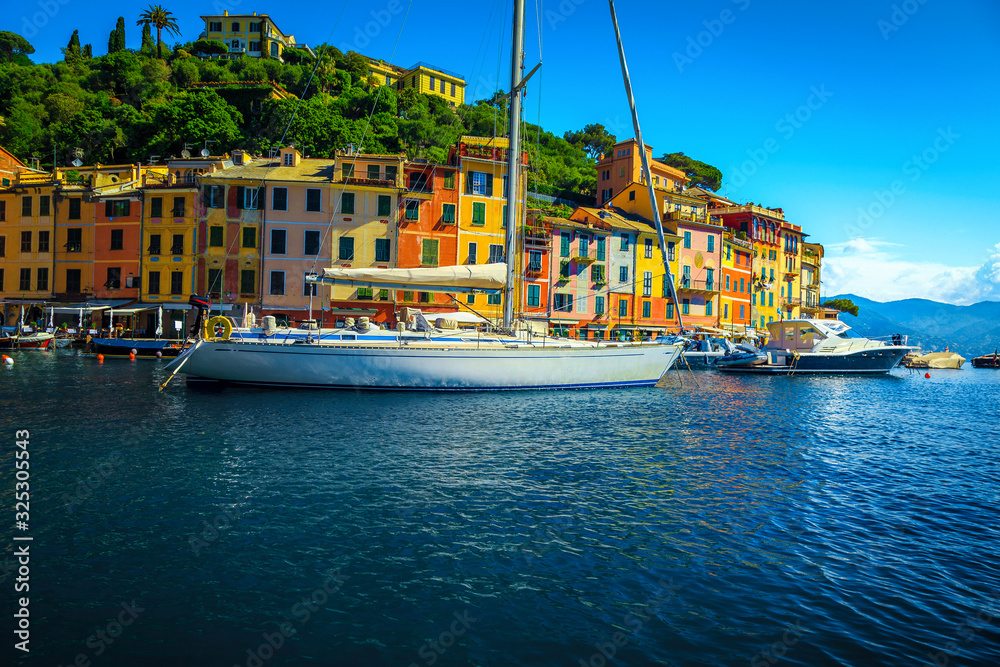 Anchored sailing boats and yachts in the harbor of Portofino