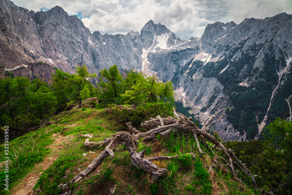 Spring mountain landscape with hiking trail in Julian Alps, Slovenia