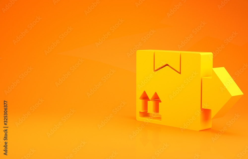 Yellow Cardboard box with traffic symbol icon isolated on orange background. Box, package, parcel. D