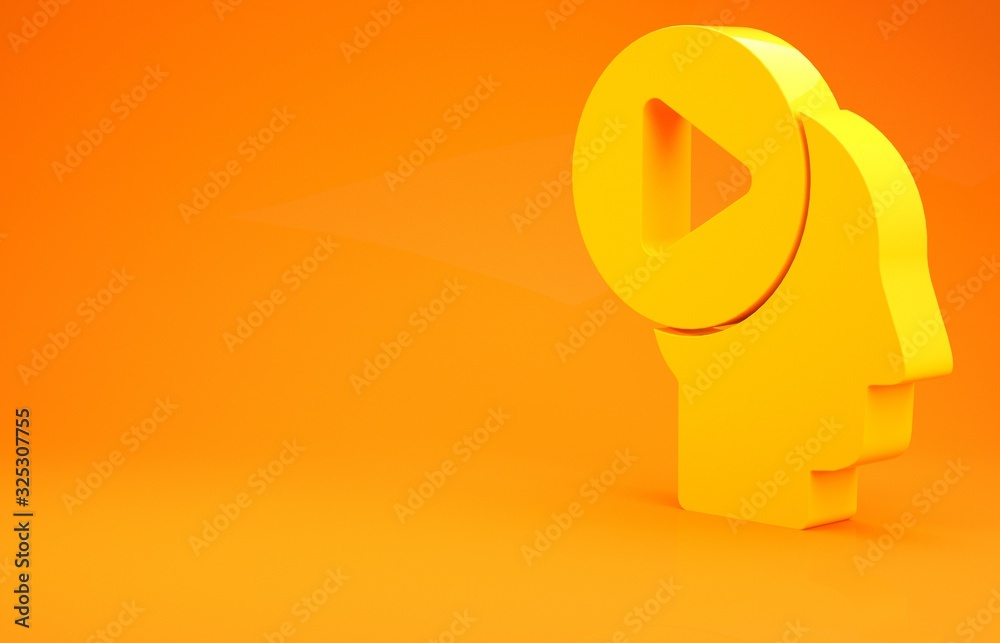 Yellow Head people with play button icon isolated on orange background. Minimalism concept. 3d illus