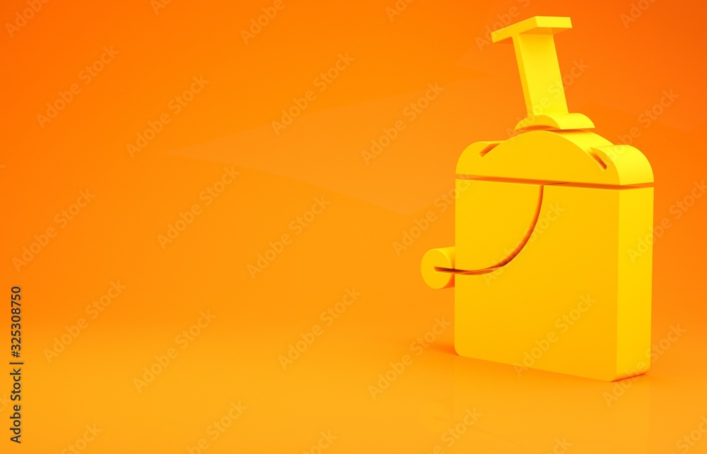 Yellow Sand in bucket with shovel icon isolated on orange background. Plastic kid toy. Summer icon. 