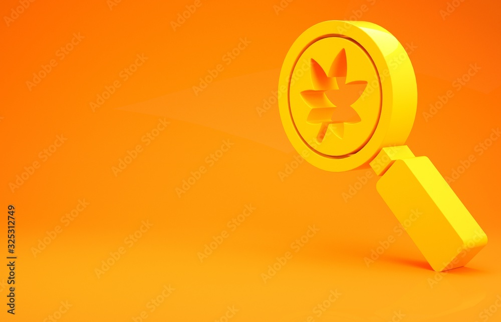 Yellow Magnifying glass with leaf icon isolated on orange background. Scientific biology, study natu