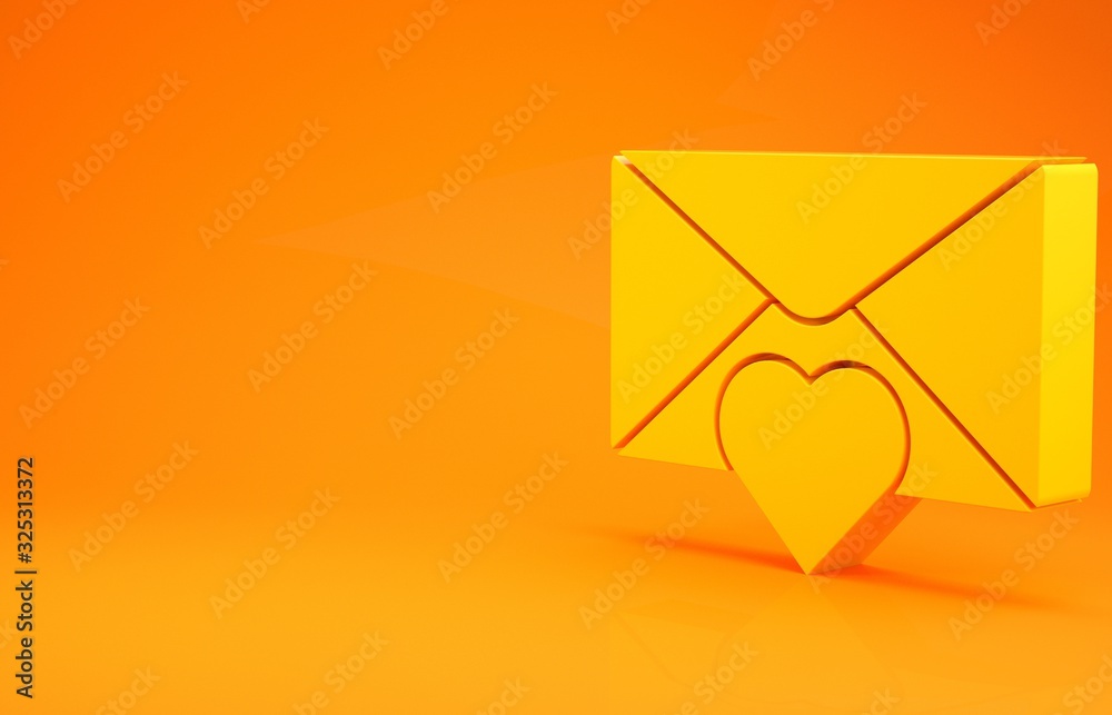 Yellow Envelope with Valentine heart icon isolated on orange background. Message love. Letter love a