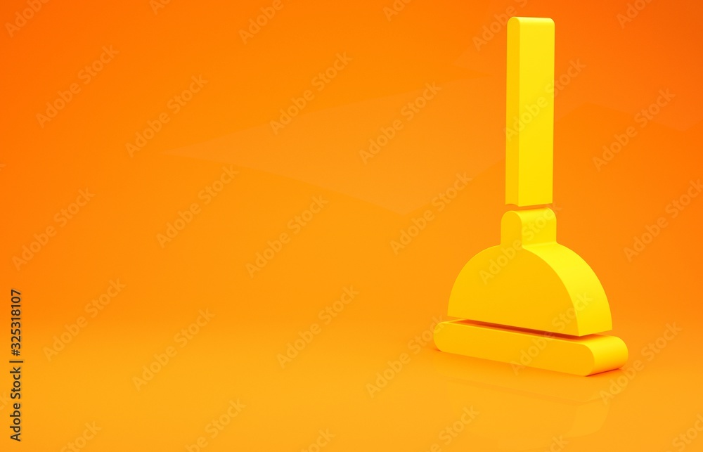 Yellow Rubber plunger with wooden handle for pipe cleaning icon isolated on orange background. Toile