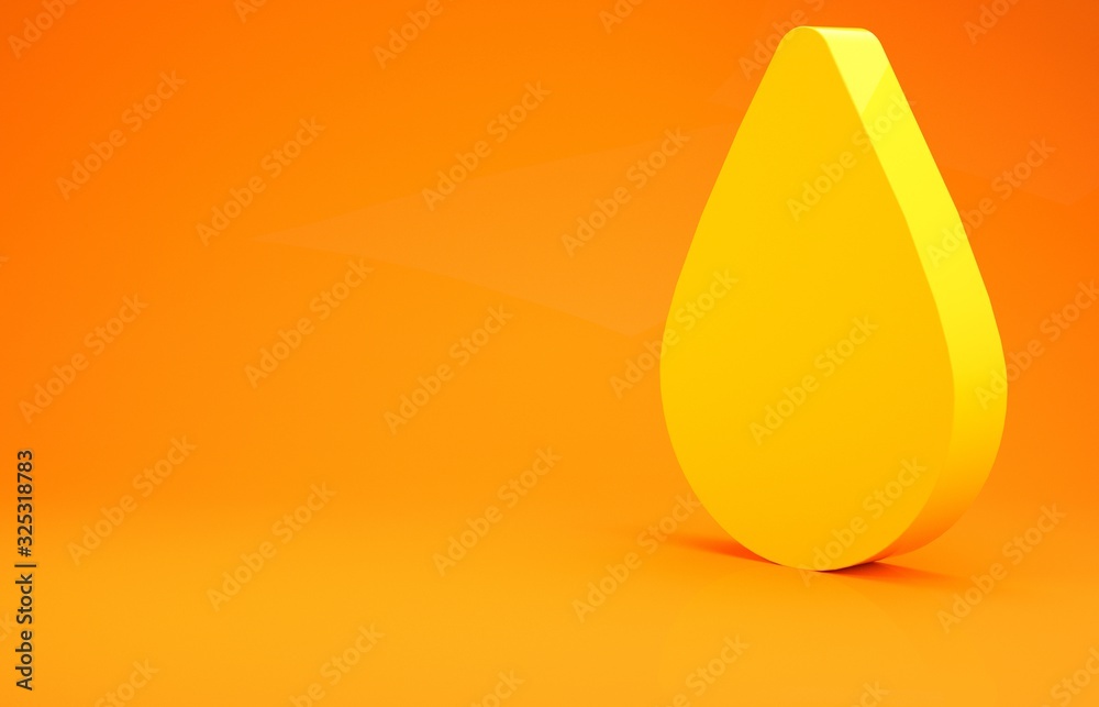 Yellow Water drop icon isolated on orange background. Minimalism concept. 3d illustration 3D render