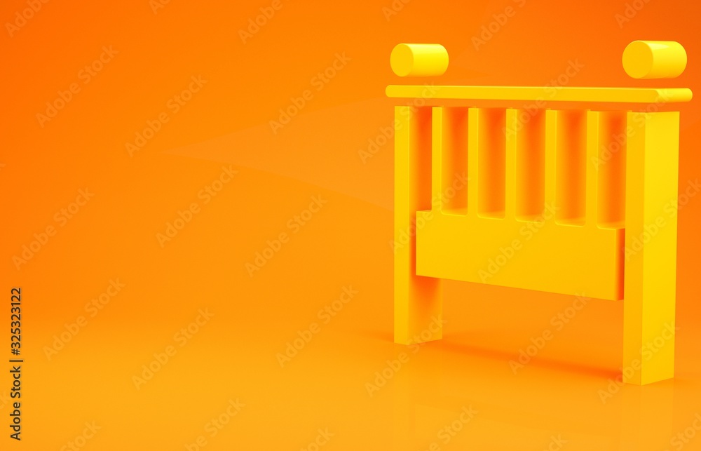 Yellow Baby crib cradle bed icon isolated on orange background. Minimalism concept. 3d illustration 