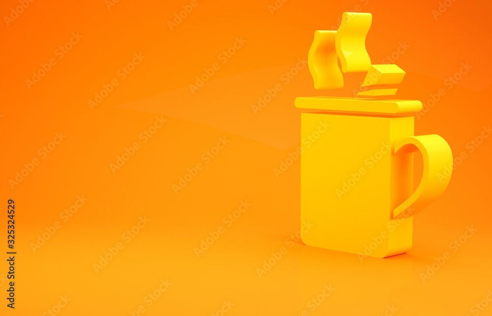 Yellow Mulled wine with glass of drink and ingredients icon isolated on orange background. Cinnamon 