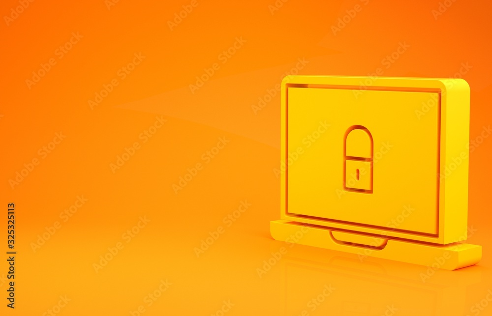 Yellow Laptop and lock icon isolated on orange background. Computer and padlock. Security, safety, p