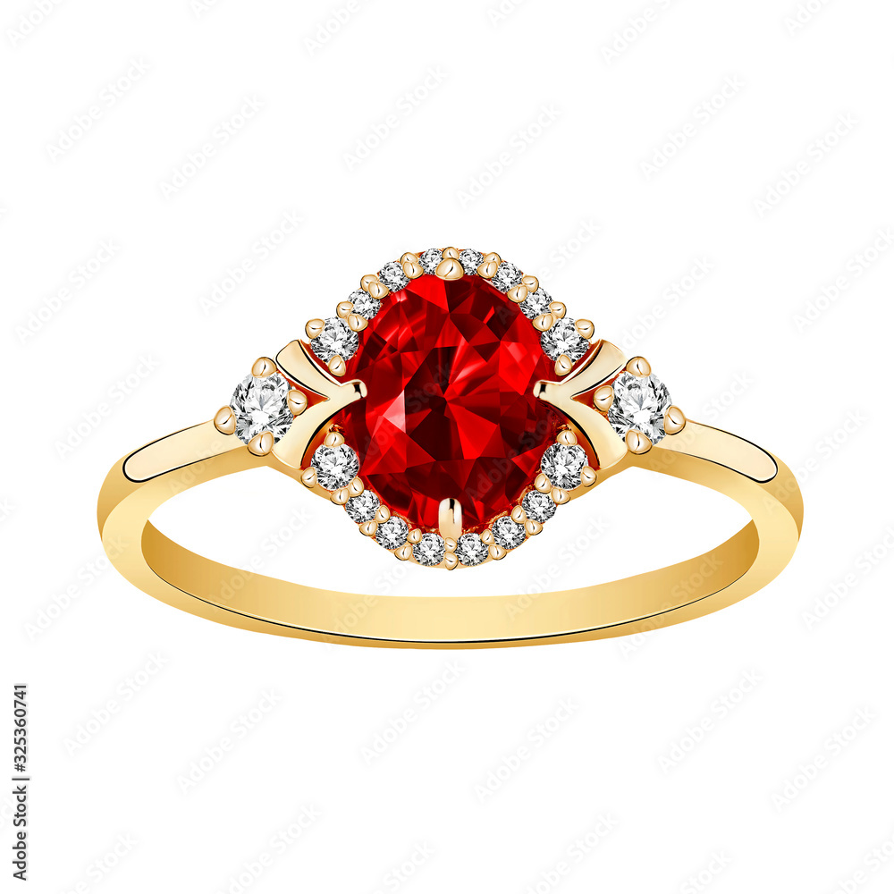 Ring of Gold with Diamonds and big natural Ruby (isolated from white background). Beautiful handmade