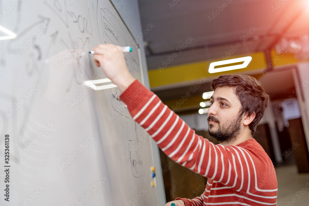 Web developer preparing website wireframe on whiteboard in small office