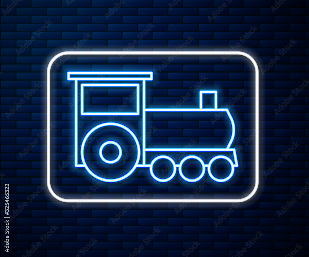 Glowing neon line Retro train icon isolated on brick wall background. Public transportation symbol. 