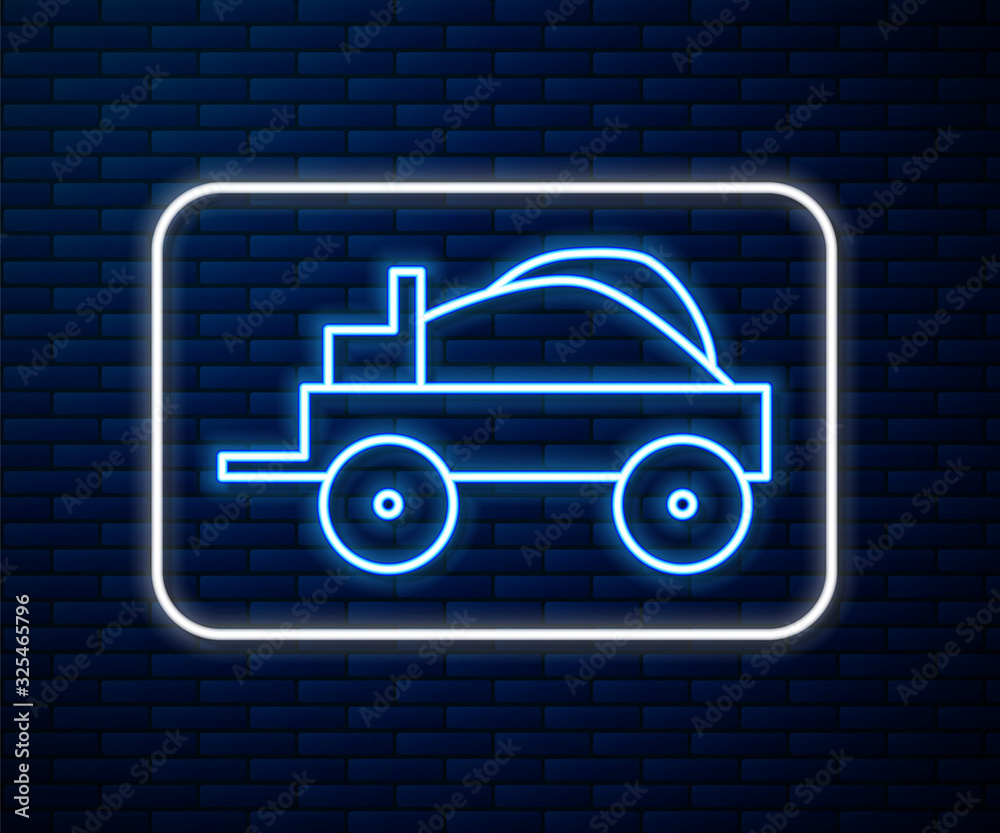 Glowing neon line Wild west covered wagon icon isolated on brick wall background.  Vector Illustrati