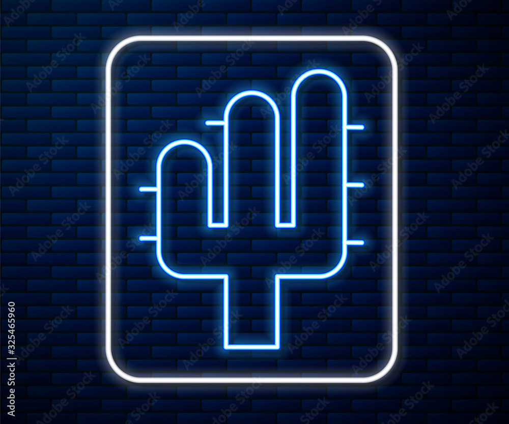 Glowing neon line Cactus icon isolated on brick wall background.  Vector Illustration