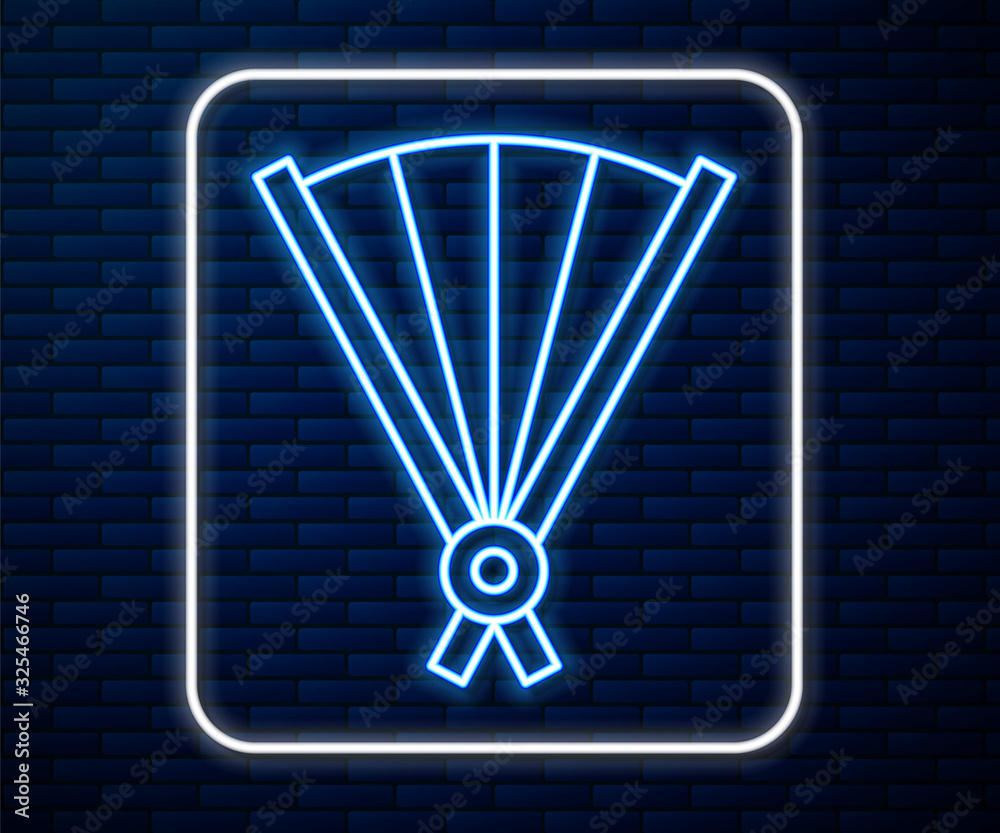 Glowing neon line Traditional paper chinese or japanese folding fan icon isolated on brick wall back