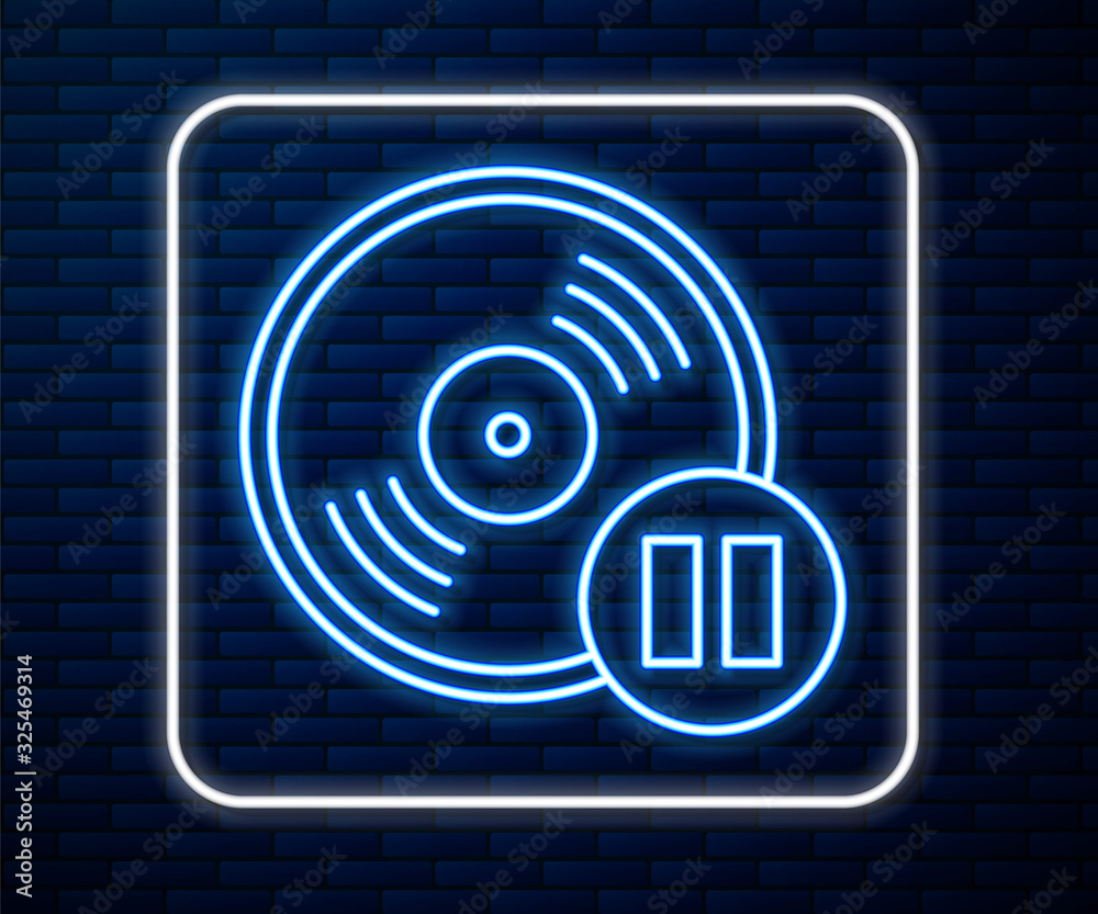 Glowing neon line Vinyl disk icon isolated on brick wall background.  Vector Illustration