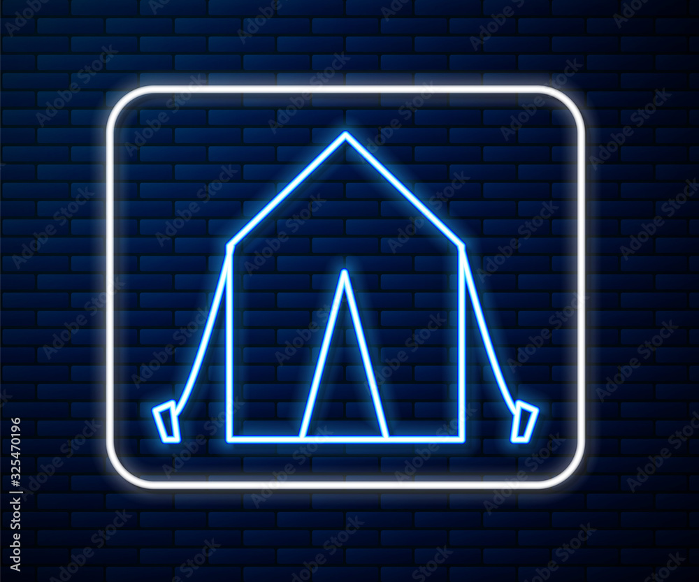 Glowing neon line Tourist tent icon isolated on brick wall background. Camping symbol.  Vector Illus