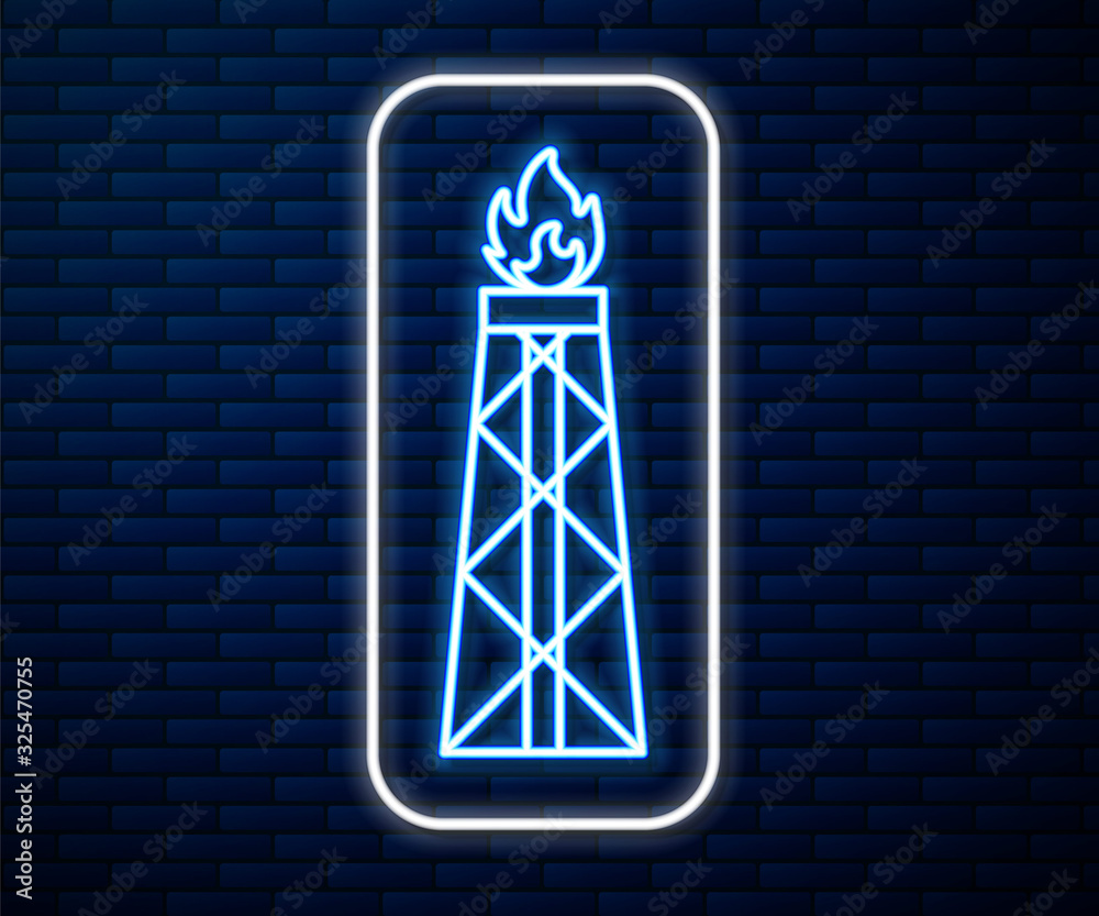 Glowing neon line Oil rig with fire icon isolated on brick wall background. Gas tower. Industrial ob